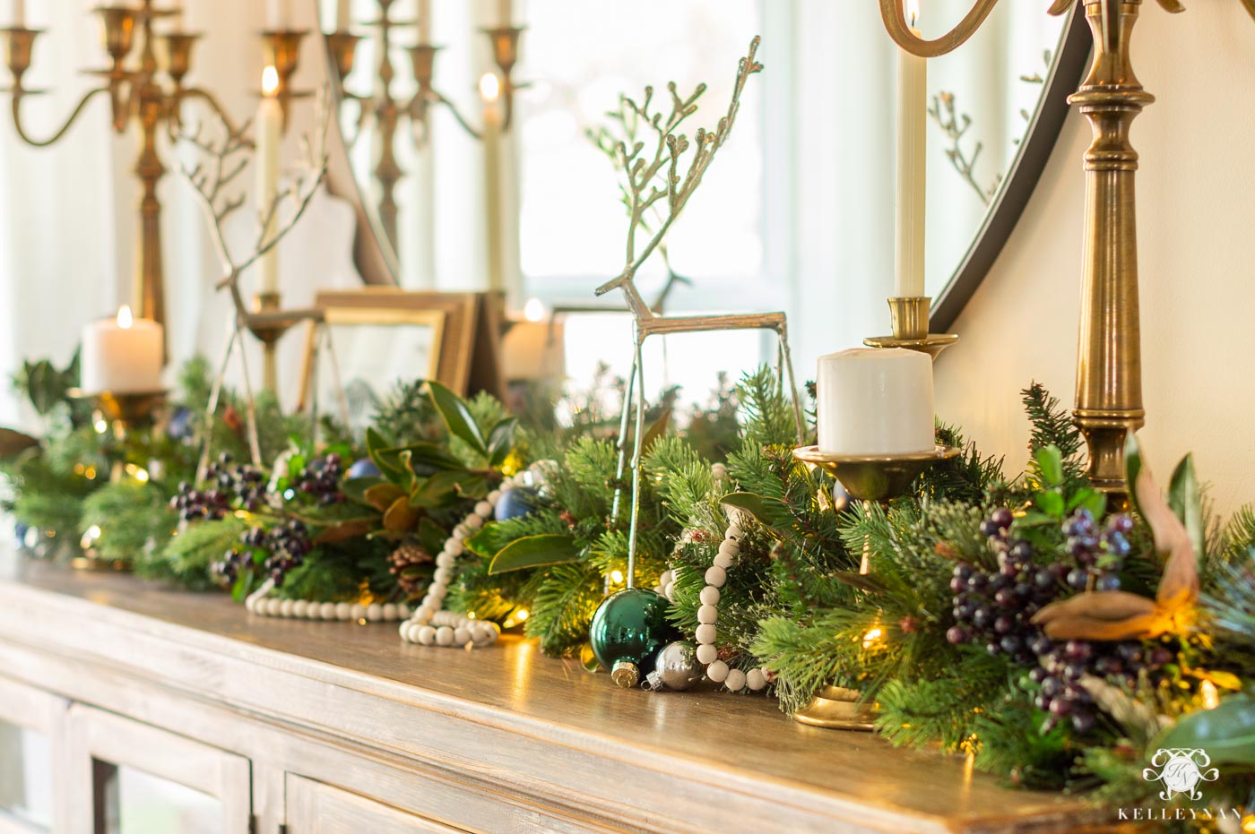 Ideas for Sideboard Greenery with Wood Bead Garland