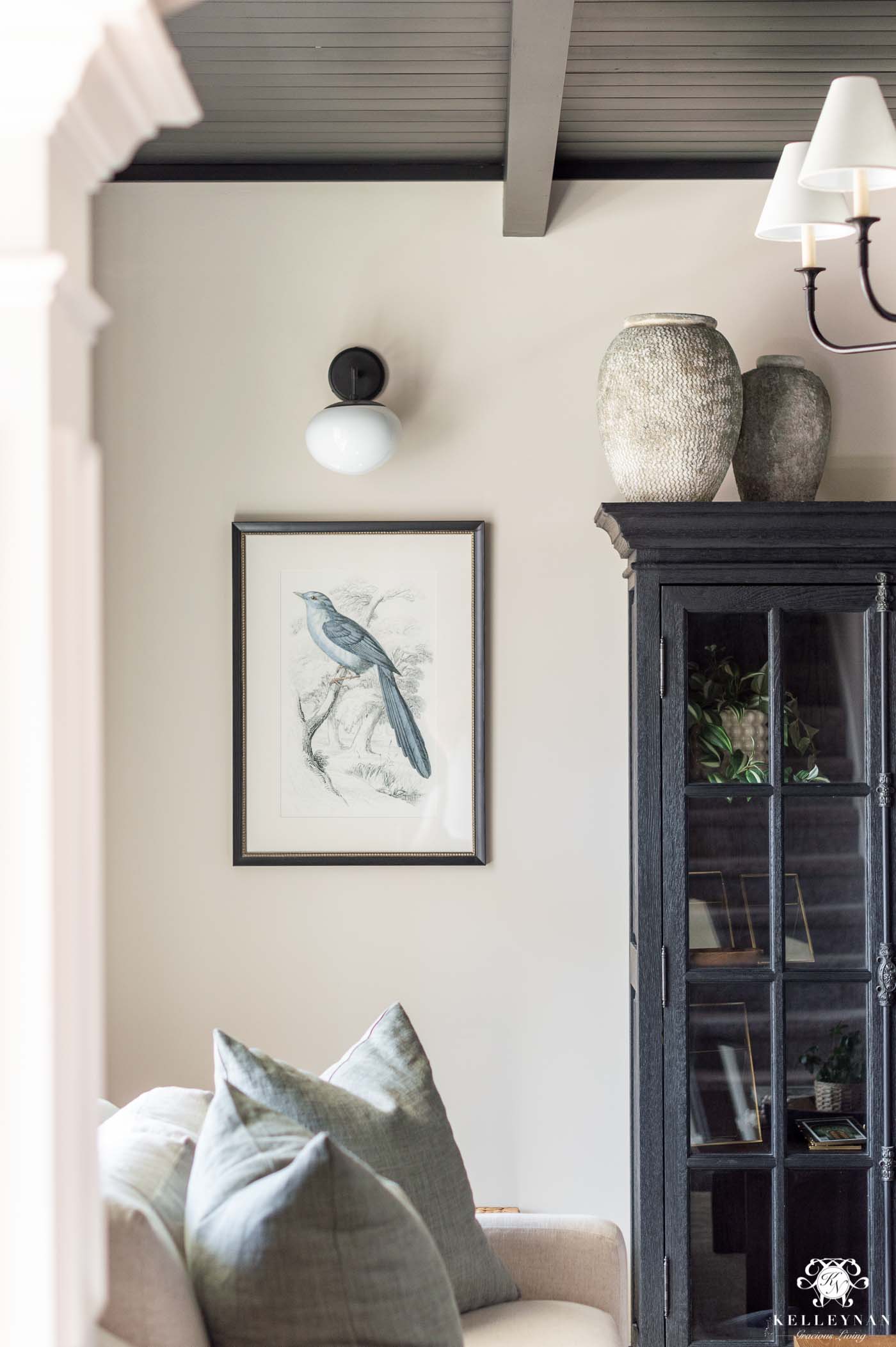 Benjamin Moore Edgecomb Gray living room with Sherwin Williams Tricorn Black ceiling - planked