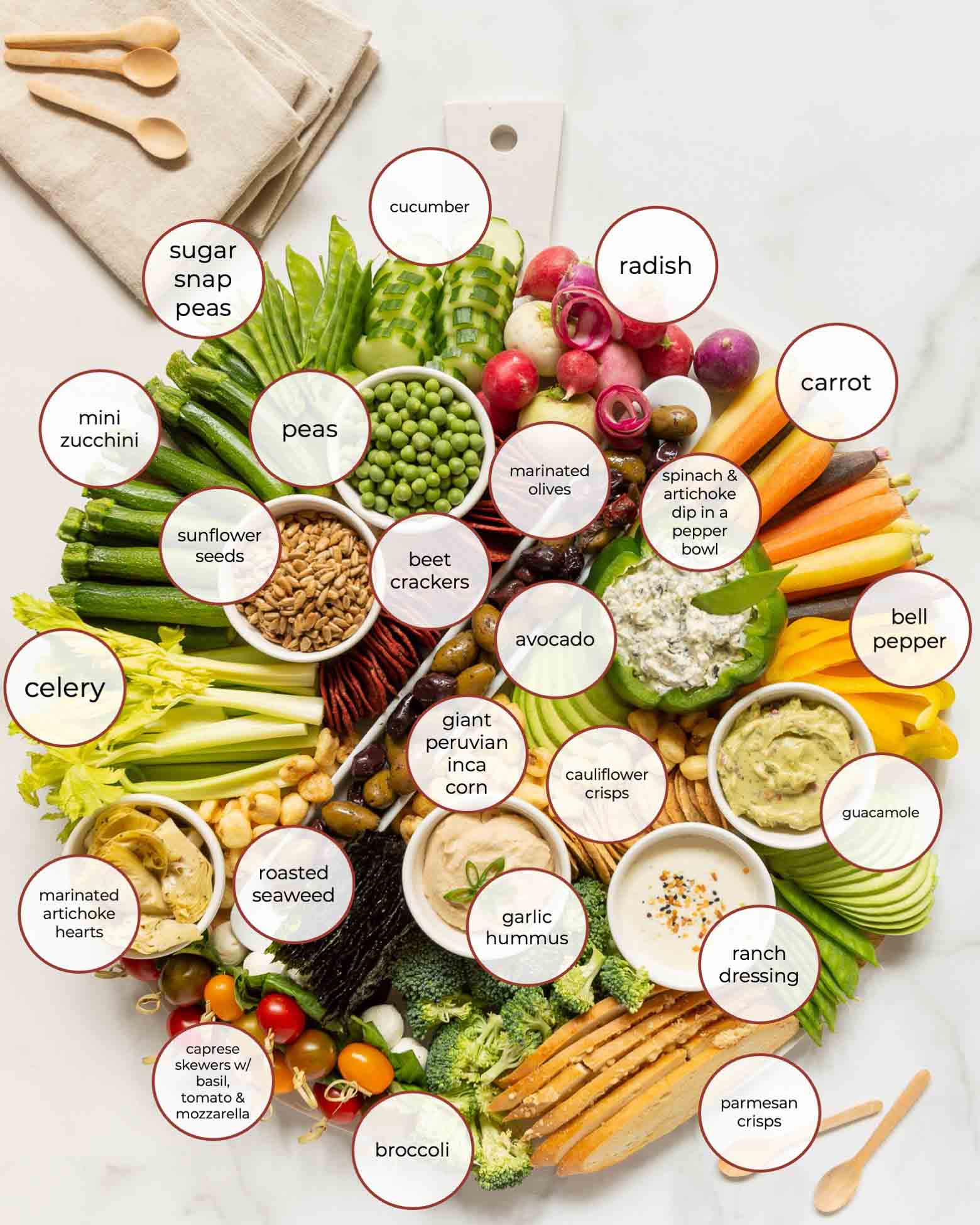 Crudité Board or Veggie Board Party Platter -- Ideas for Bridal Shower Food and Baby Shower Food!