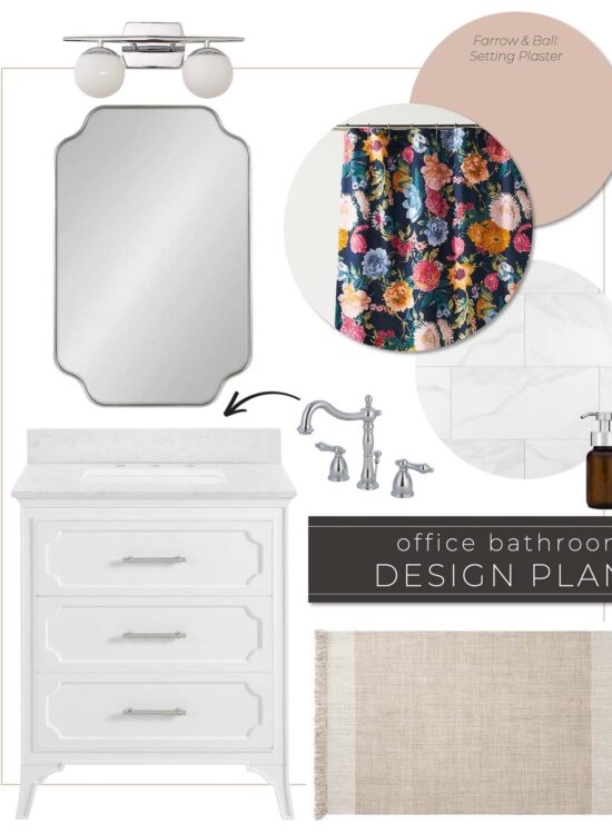 Colorful Guest Bathroom Design Plan with White Vanity and Pink Painted Walls