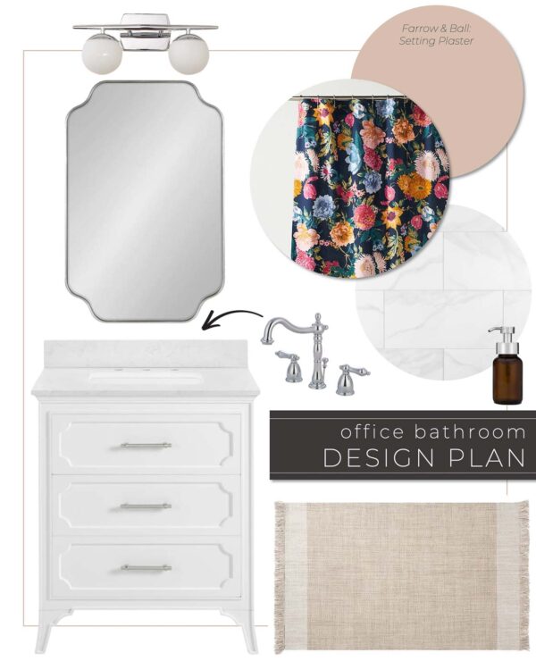 Colorful Guest Bathroom Design Plan with White Vanity and Pink Painted Walls