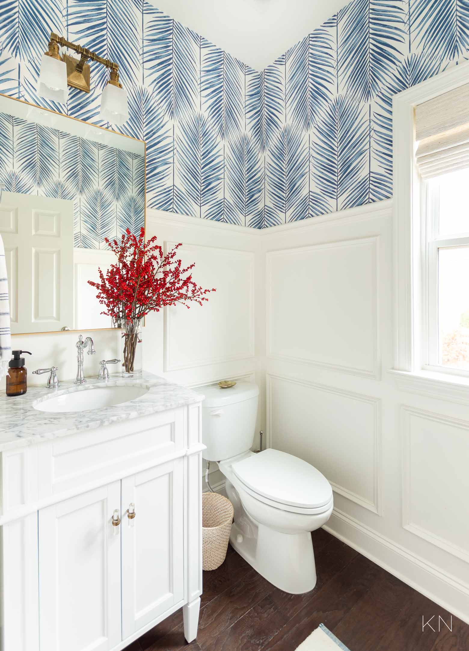 Fresh Christmas Decor -- Red Berry Branches in Powder Room with Blue and White Wallpaper