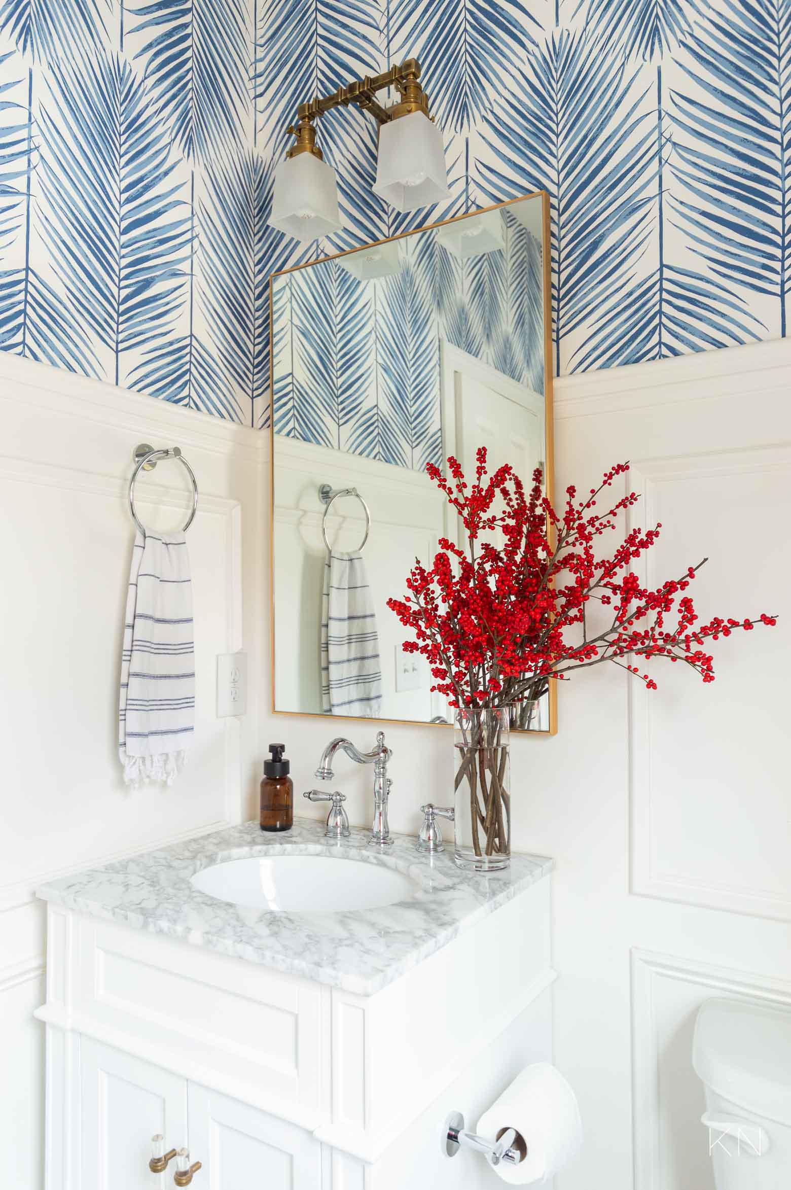 Easy Powder Room and Bathroom Christmas Decor -- Vase of Red Berries in Blue and White Powder Room