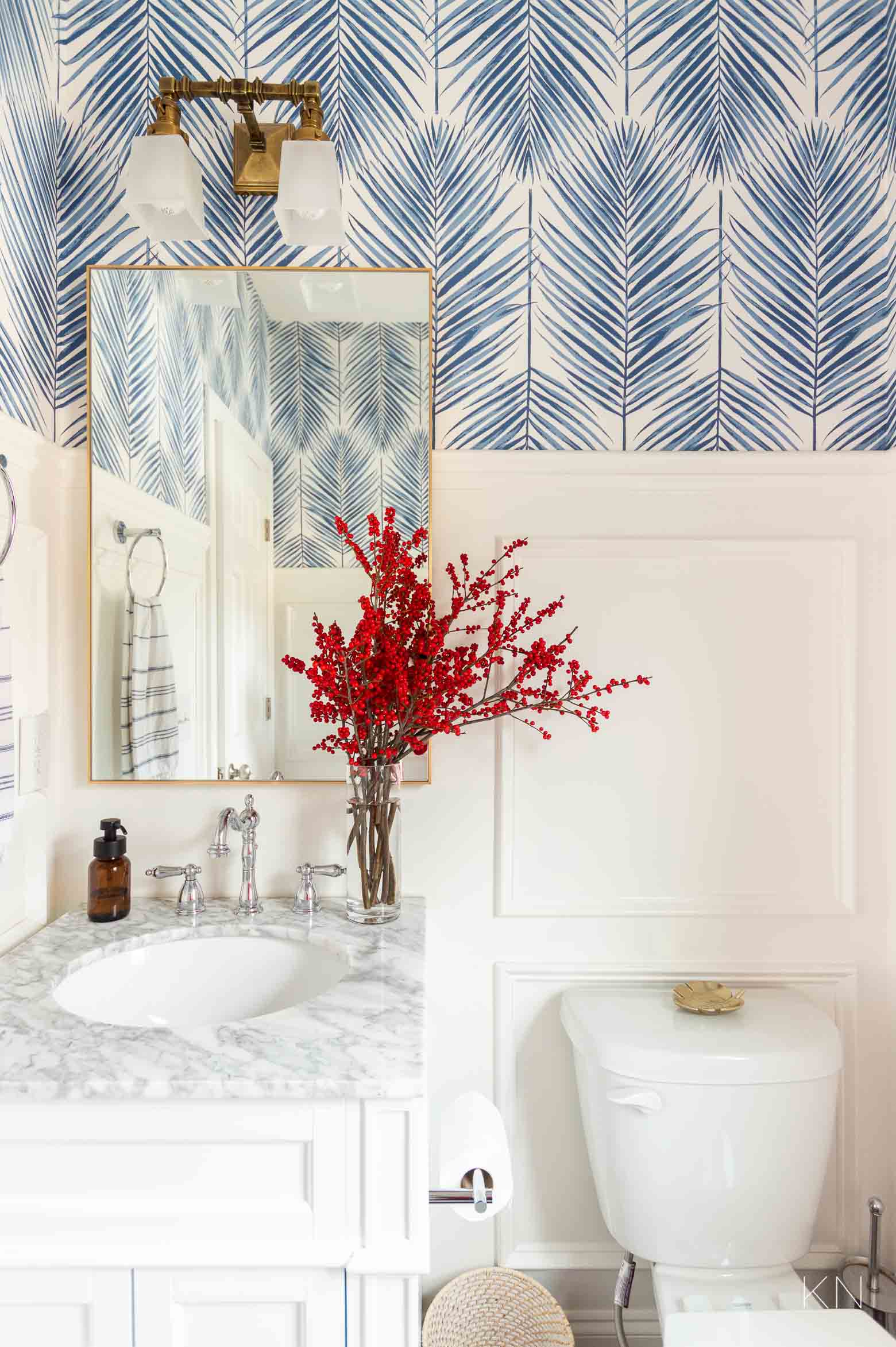 Simple Christmas Bathroom Decor -- Red Berries and Blue and White Wallpaper