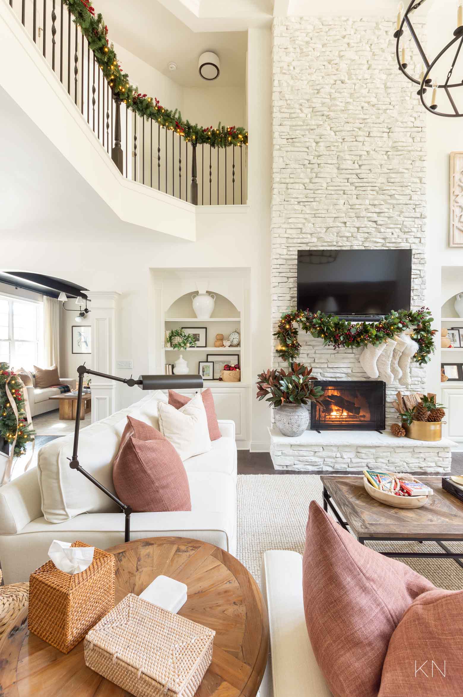 2021 Christmas Home Tour -- Red Pillows with Green Garland