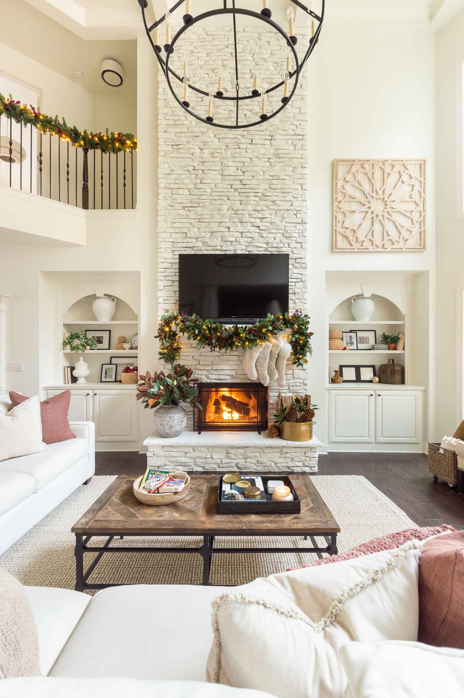 2021 Christmas Home Tour -- Living Room with Red Accents and Fireplace Focal Point