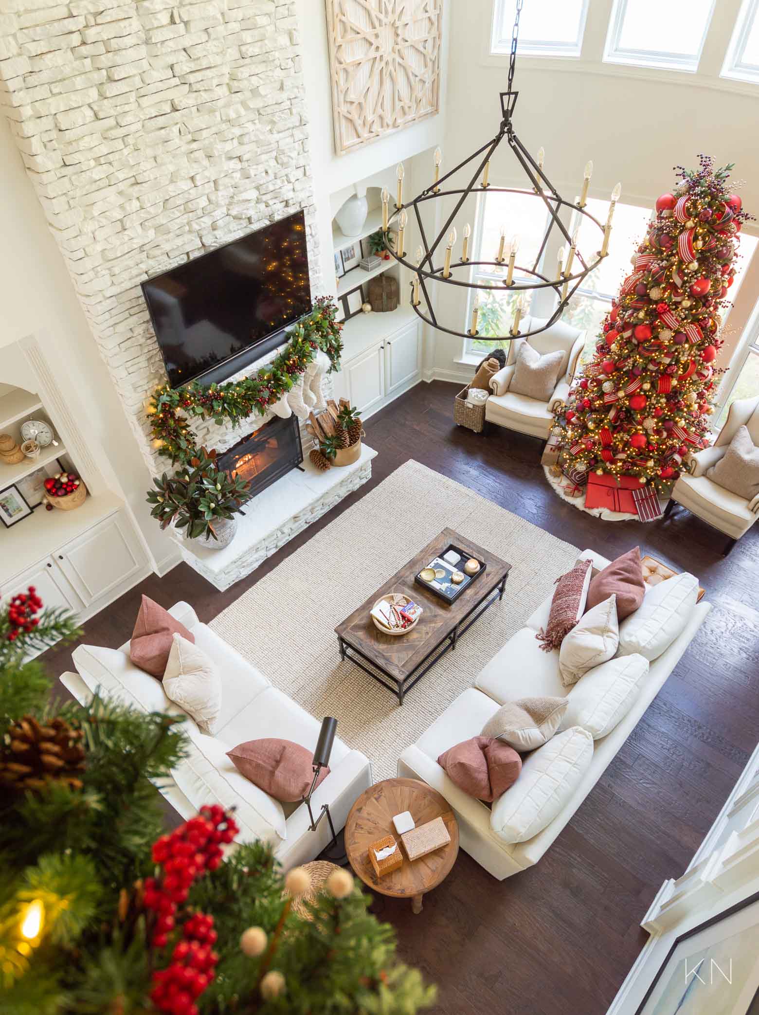 White Living Room Decorated for Christmas -- Red and Gold Decor