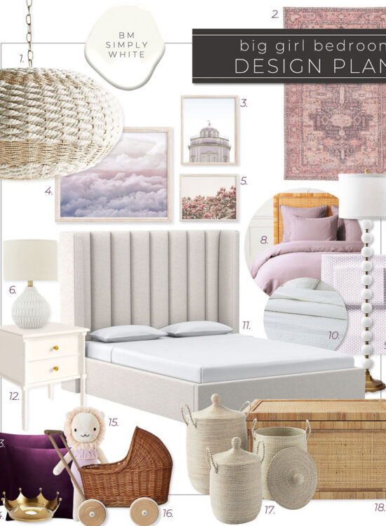 Purple Big Girl Bedroom Design Plan with Decor and Sources