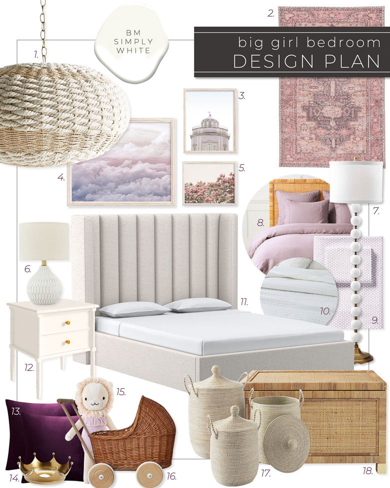 Purple Big Girl Bedroom Design Plan with Decor and Sources