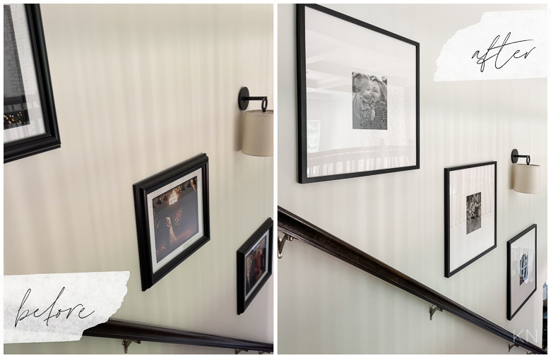 STAIRWAY GALLERY WALL WITH WIDE MAT FRAMES
