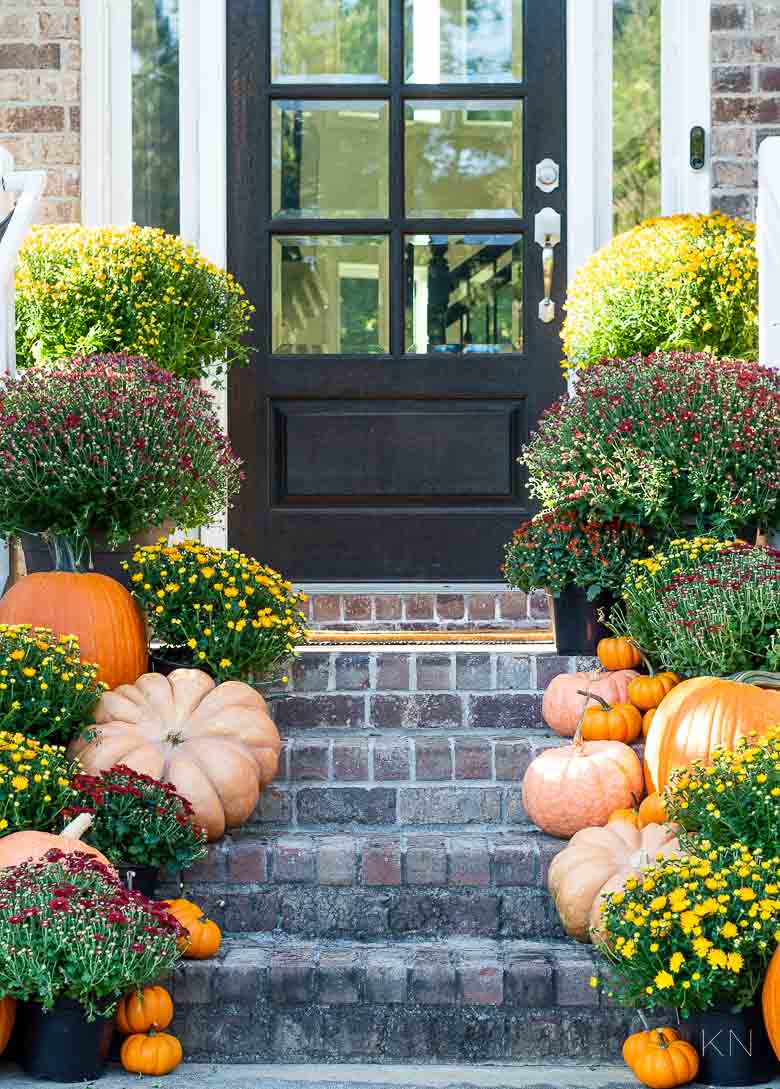 Fall Front Porch Steps Decor with Orange and Red