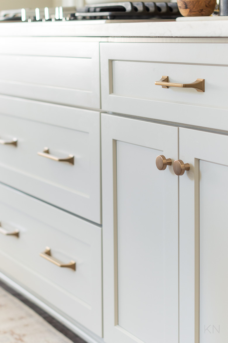 Agreeable Gray Sherwin Williams Kitchen Cabinets with Gold Hardware, Knobs, and Pulls