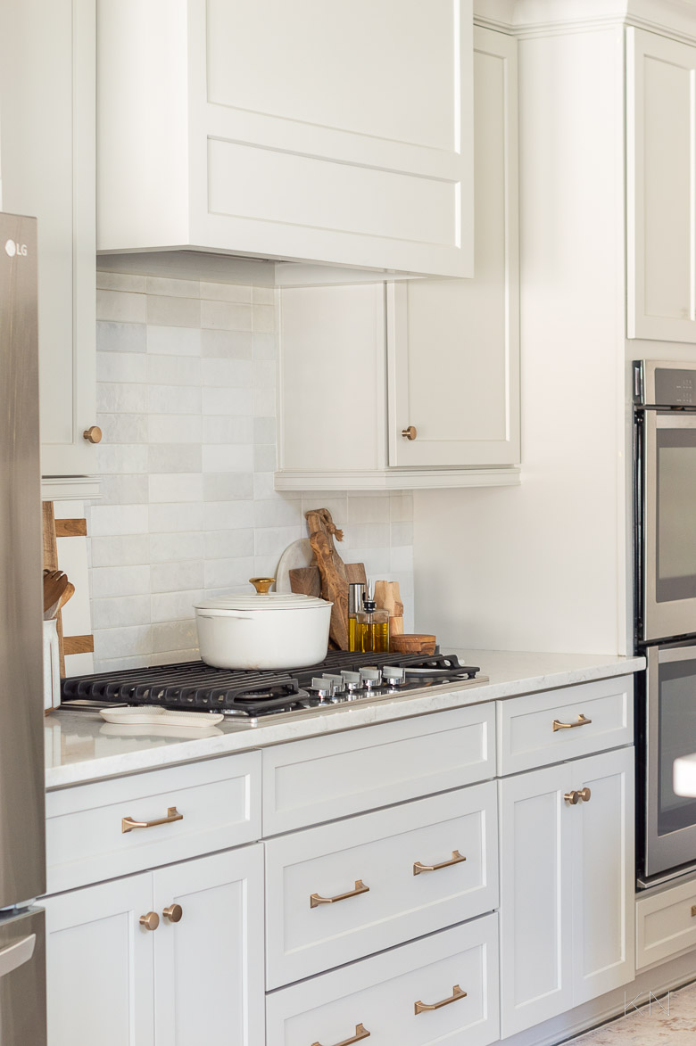 Light Gray Transitional Kitchen with Gold Cabinet Hardware