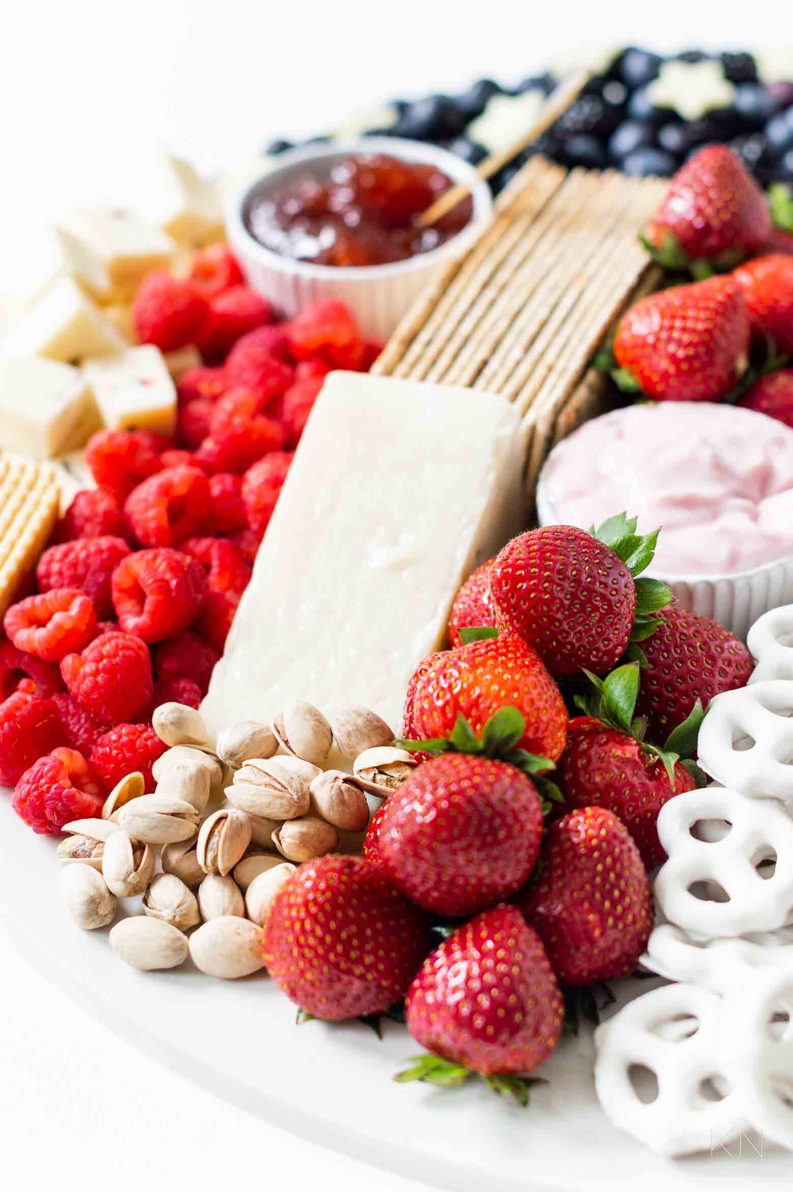 Fourth of July Grazing Board with Red White and Blue Fruit and Cheese