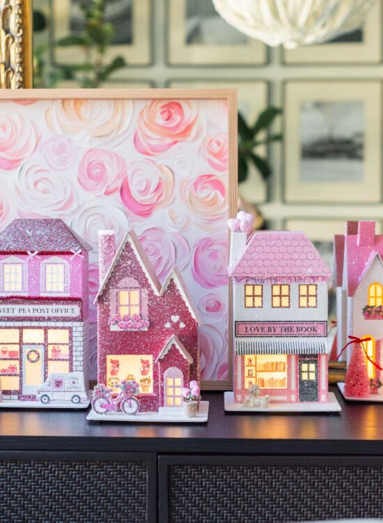 Pink Valentine's Home Decor -- Lit Valentine Village Houses
