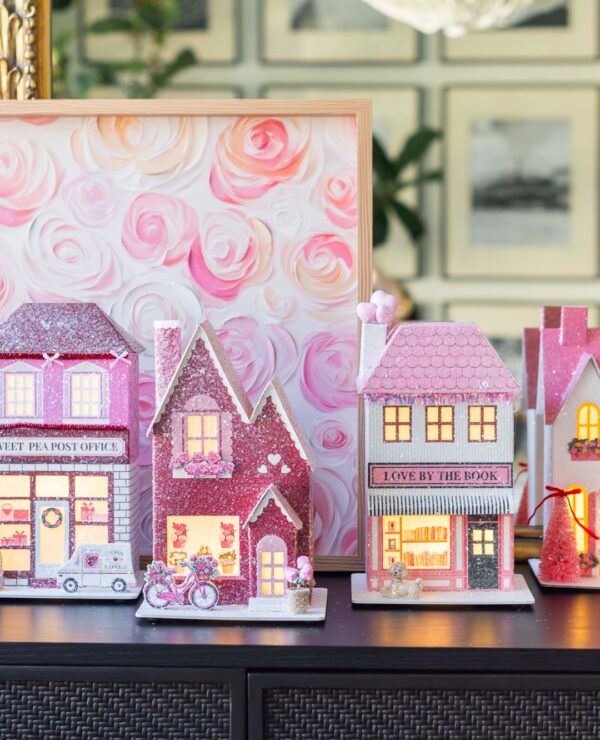 Pink Valentine's Home Decor -- Lit Valentine Village Houses