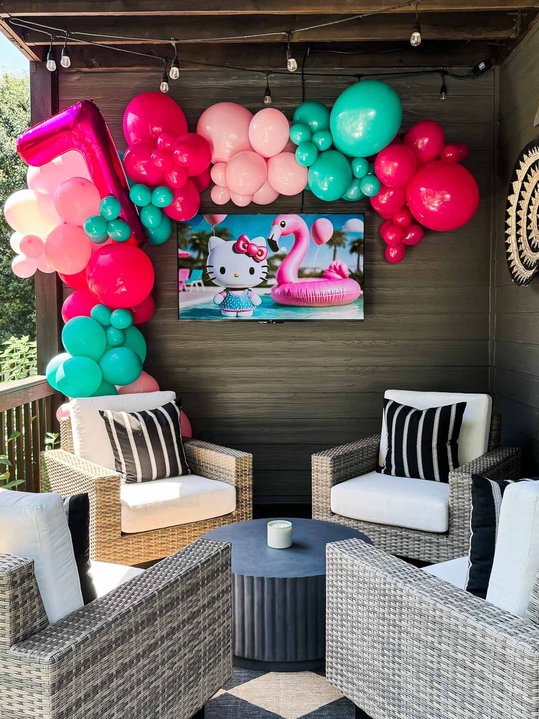 7 Year Old Budget Birthday Party Hello Kitty Pool Party -- Hello Kitty Ballon Garland