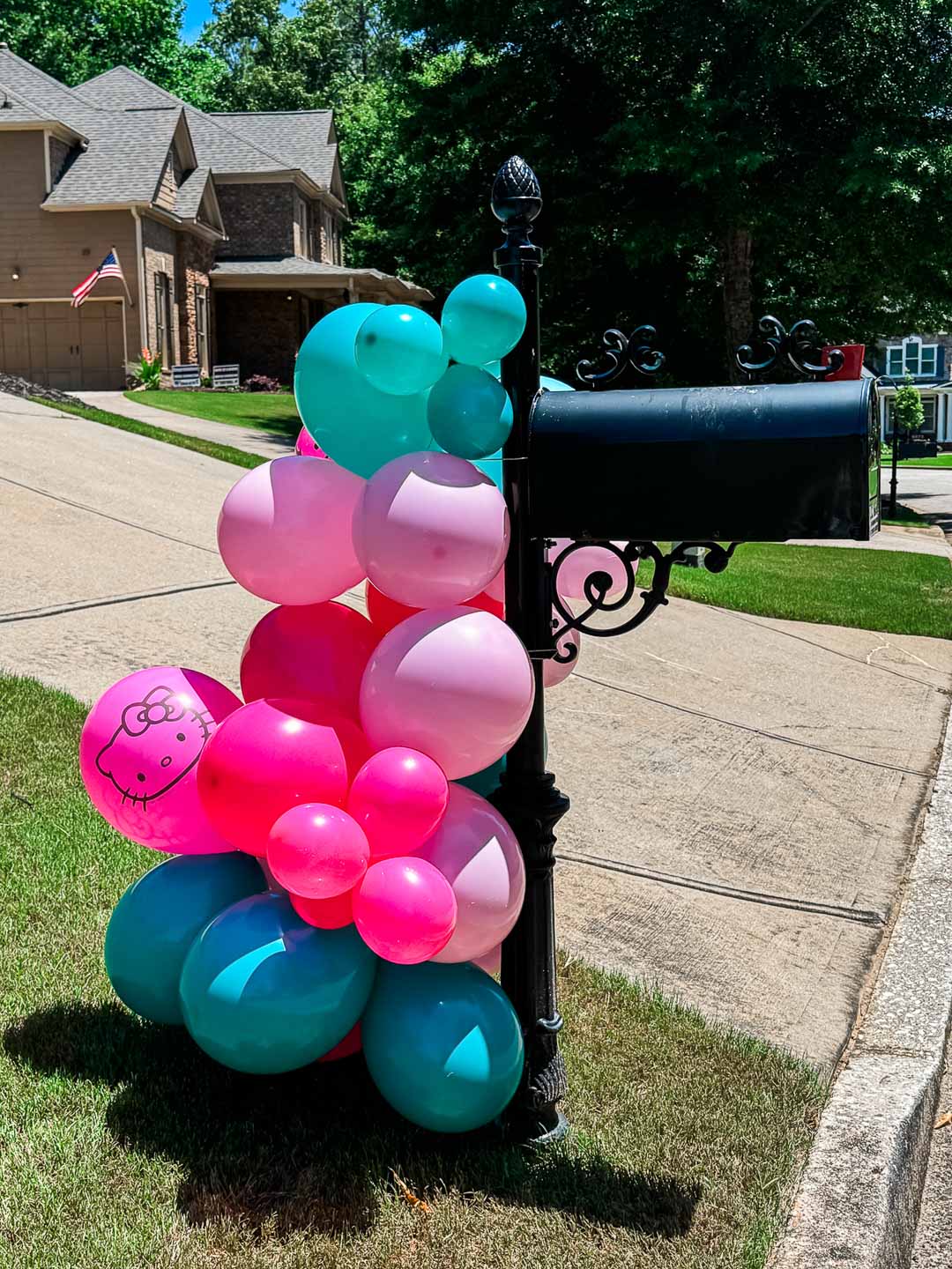 7 Year Old Budget Birthday Party Hello Kitty Pool Party -- Hello Kitty Ballon Garland Mailbox